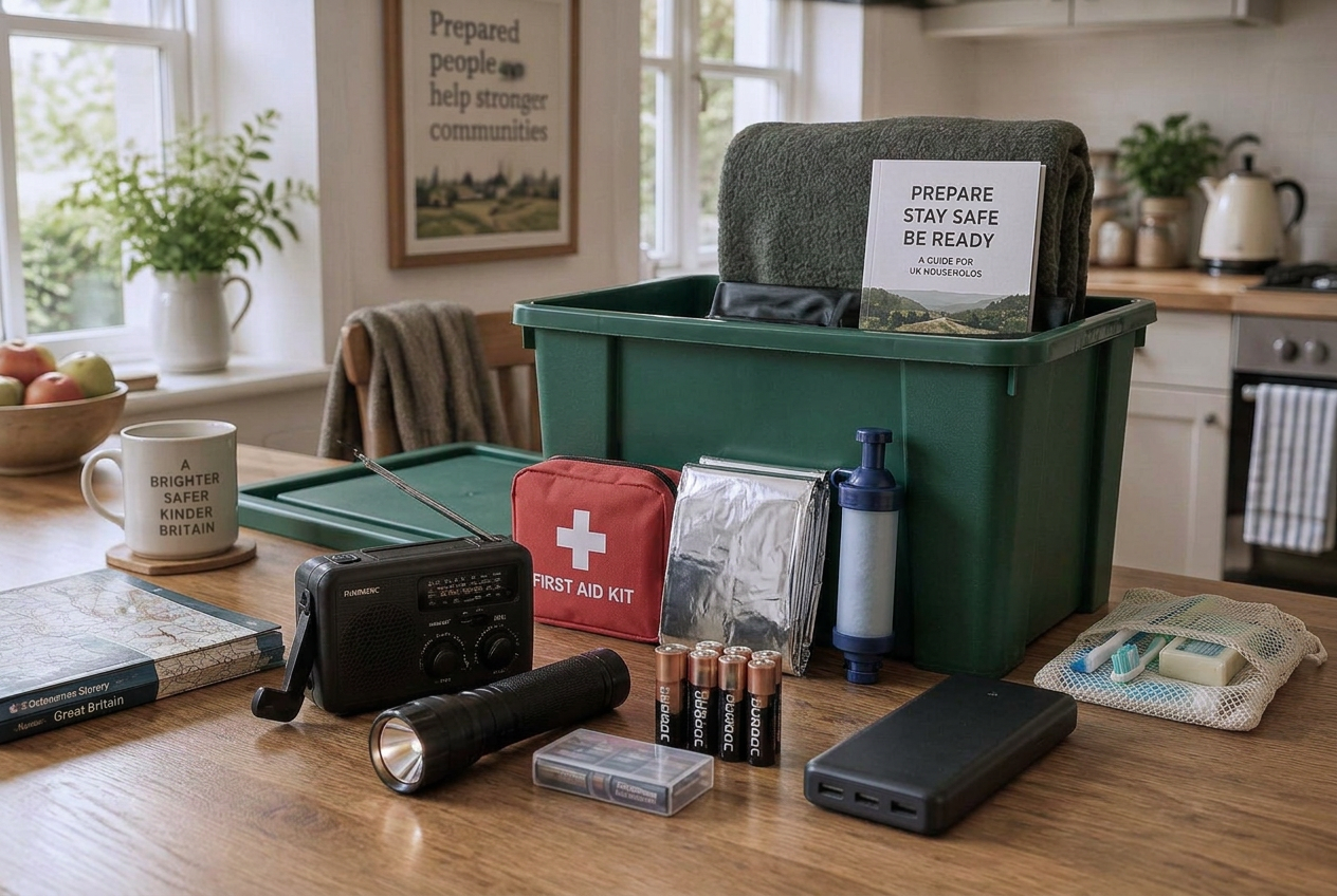 Illustration of a home emergency storage box with radio, torch, first aid kit and power bank